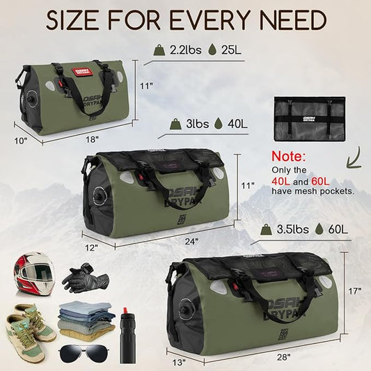 Waterproof Duffel Bag - Motorcycle Dry Bag Tail Bag with Large Storage Space, Waterproof Luggage Duffle Bags with Outer Mesh Zipper Pocket for Camping, Kayaking, Fishing & Traveling