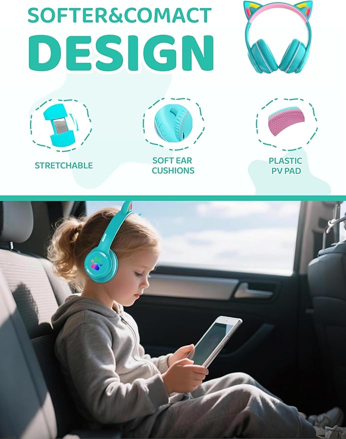 MIDOLA Kids Headphones Cat Ear Wireless Bluetooth 5.3 60H Over Ear, 8H with Led Light Foldable Music Gaming Headset with Aux 3.5mm Mic for Travel Pad Tablet Cyan