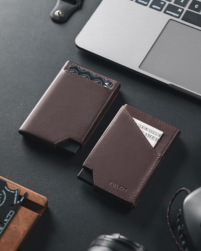 VULKIT Pop up Card Wallet Top-Grain Genuine Leather RFID Blocking Slim Aluminum Metal Bank Card Holder Case with Business Money Pocket for Credit Cards Notes and Coins Espresso