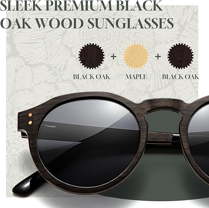 SUNGAIT Black Oak & Dark Ebony Wood Sunglasses Womens Polarized Round UV400 Protection Retro Vintage Gift-ready Case Included