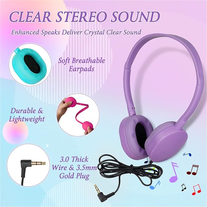 Classroom Kids Headphones Bulk 30 Pack Class Set of Headphones for Students Children Boys Girls Teen Adult,Group Learning, Computer Lab, Library, Online Lesson and Testing (10 Colors)