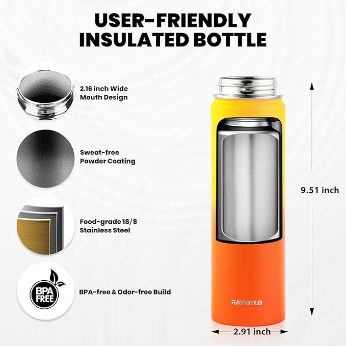 Insulated Water Bottle 20 oz, Triple Wall Vacuum Stainless Steel (Cold for 48 Hrs), Leak Proof & Non-BPA, Kids Water Bottle Jug for School with Straw Spout Lids, Ombre Orange