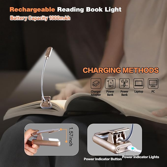VAVOFO Rechargeable Book Light for Reading in Bed Kids, 7 LED Reading Light with 9-Level Warm Cool White Daylight, Eye Care Lamp with Power Indicator for Bookworms (Champagne Gold)