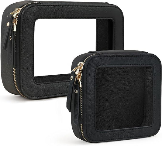 Prite Clear Makeup Bag Set for Women Portable Clear Makeup Bag Cute Waterproof Travel Cosmetic Bag with Gold Zipper for Car Essentials(Black)