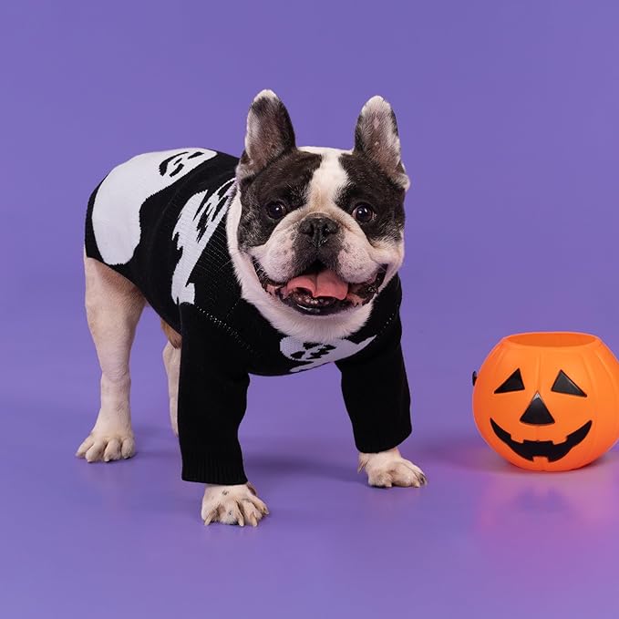 Fitwarm Halloween Ghost Dog Sweater, Funny Costumes for Dogs, Pet Apparel, Black, White, Small