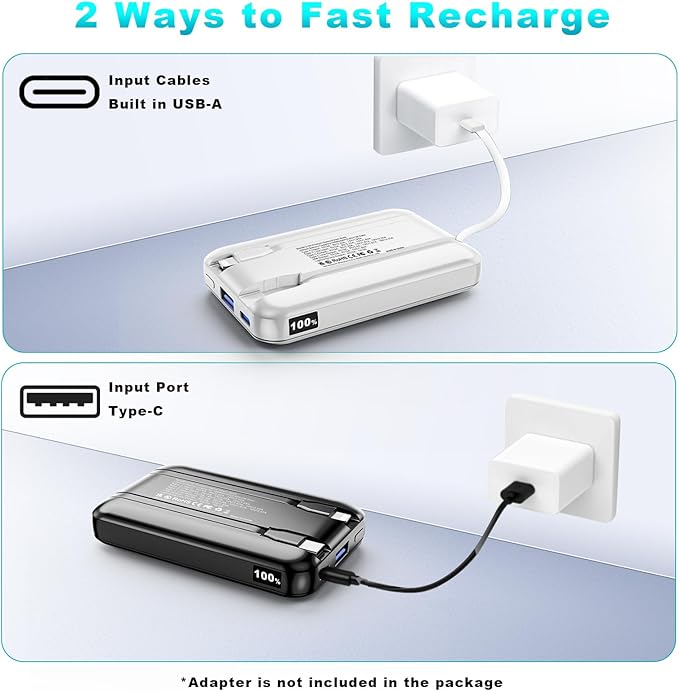 2 Pack 10000mAh 22.5W Fast Charging Power Bank-Slim Portable Charger with Built-in Cords, USB C in&Out, 2 Outputs 2 Inputs, LED Display for iPhone 17-12, Samsung, Android (White&Black)