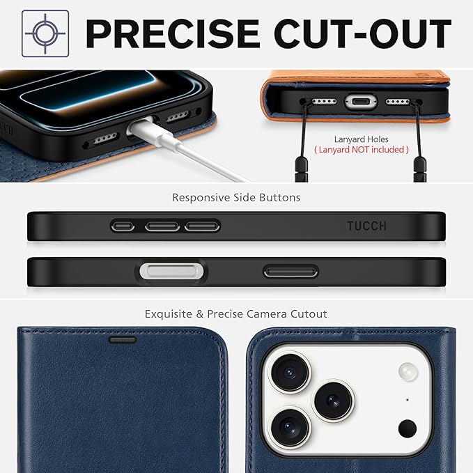 TUCCH Wallet Case for iPhone 17 Pro (6.3") 2025, 4 Card Holders, RFID Blocking, Stand, Shockproof TPU Shell, PU Leather, Magnetic Closure, Protective Flip Folio Cover, Blue & Brown