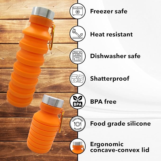 Collapsible Water Bottle (Orange) - Reusable, BPA Free, Silicone, Foldable Portable & Leak Proof - Water Bottles for Travel Gym Camping Hiking - Sports Water Bottle with Carabiner