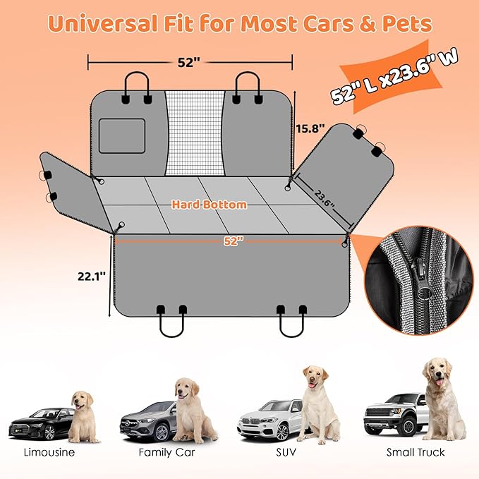 URPOWER Dog Car Seat Cover for Back Seat, Waterproof Hard Bottom Dog Car Hammock with Mesh Window & Side Flap, Pet Backseat Protector for Car, SUV, Truck
