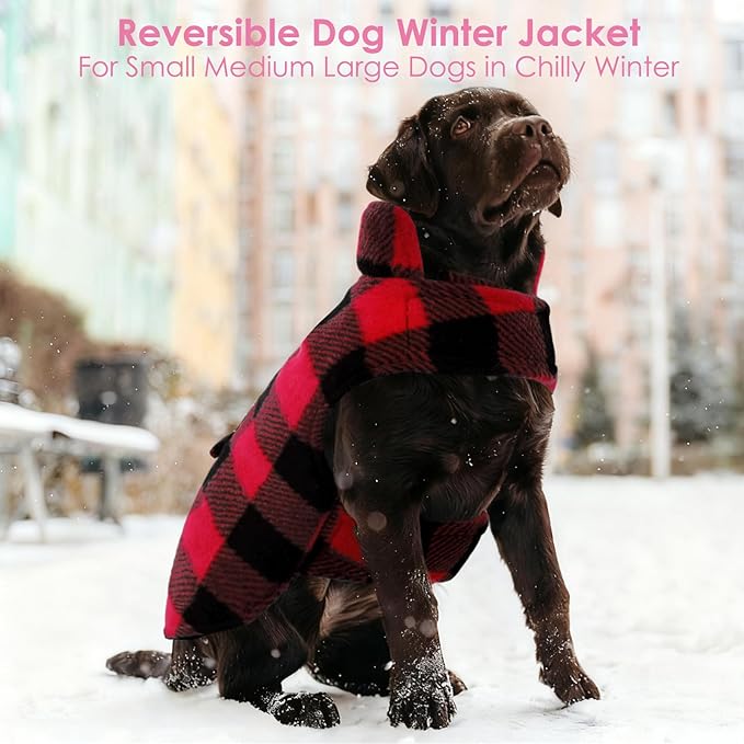 AOFITEE Reversible Dog Coat, Warm Winter Jacket, Thick Padded Vest with Leash Hole, Cotton Material, Plaid Print, Small (23'' Chest)