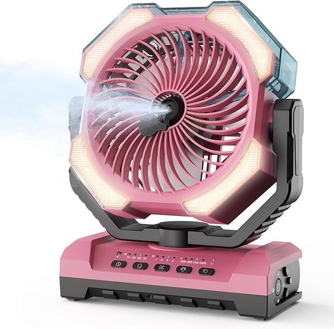 Misting Fan - Pink Portable Rechargeable Fan with 9oz Water Tank, Light, Hook - Versatile, 120H MAX Cooling, Last 5H Mist, 4 Speed, Sleep Mode - Outdoor Fans for Camping, Travel, Patios
