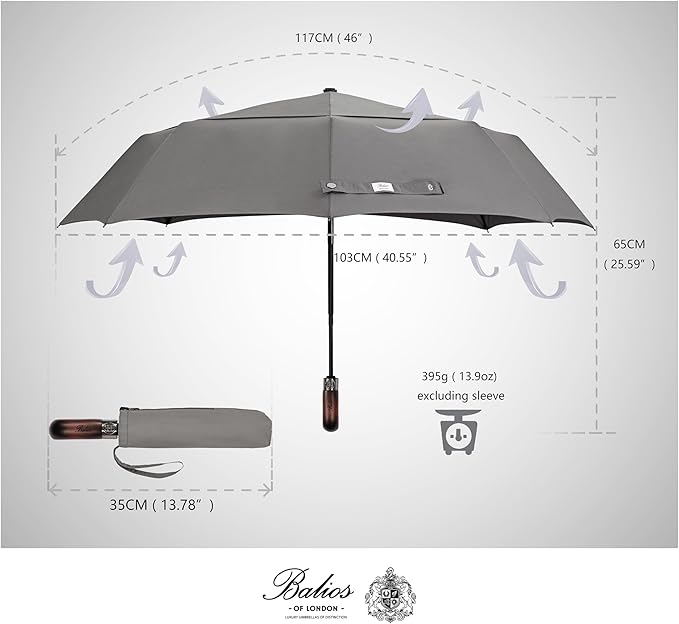 Balios Travel Folding Umbrella with Real Wood Handle Auto Open Close Vented Windproof Canopy - Designed in UK