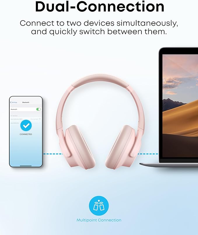 Soundcore by Anker Q20i Hybrid Active Noise Cancelling Headphones, Wireless Over-Ear Bluetooth, 40H Long ANC Playtime, Hi-Res Audio, Big Bass, Customize via an App, Transparency Mode (Pink)