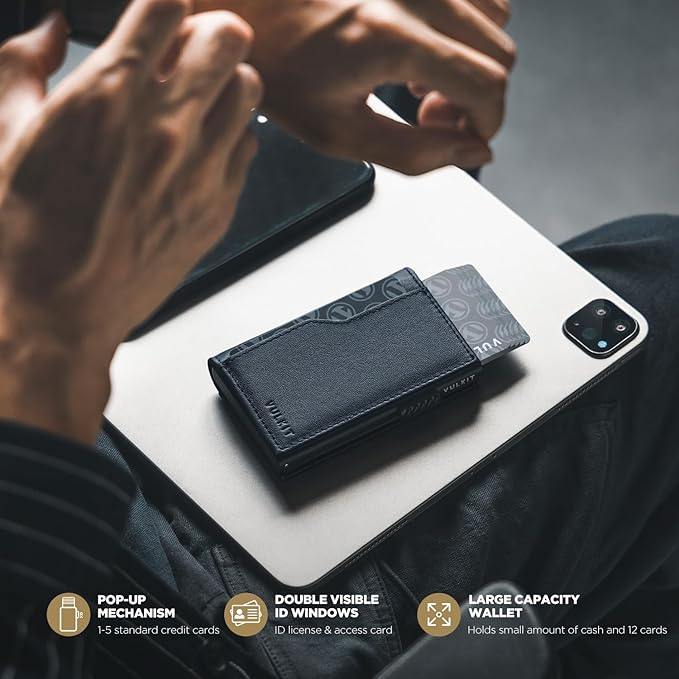VULKIT Card Holder Wallet with Double ID Windows RFID Blocking Pop Up Wallet Minimalist Design for 12 Cards