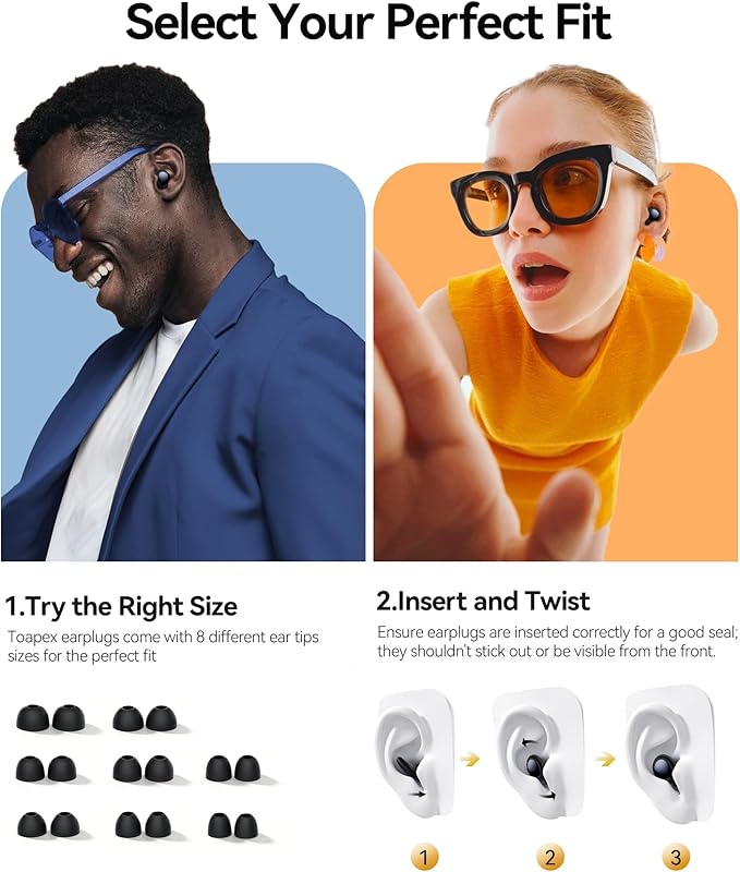 Ear Plugs for Sleeping 45dB Noise Cancelling Ear Plugs for Noise Reduction & Snoring, Concerts, Earplugs for Sleep, Sider Sleepers Airplane, Silicone Earplugs Reusable Concert Ear Plug+8Tip Dark Black