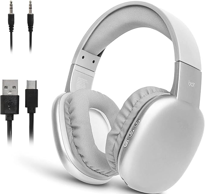 iJoy Ultra Wireless Over-Ear Bluetooth Headphones with Mic, Up to 10 Hours Playtime, Bluetooth Headset 33Ft Range with Backup AUX Cable & SD Slot, Wireless Headphones for Gaming, Work & Gym (Silver)