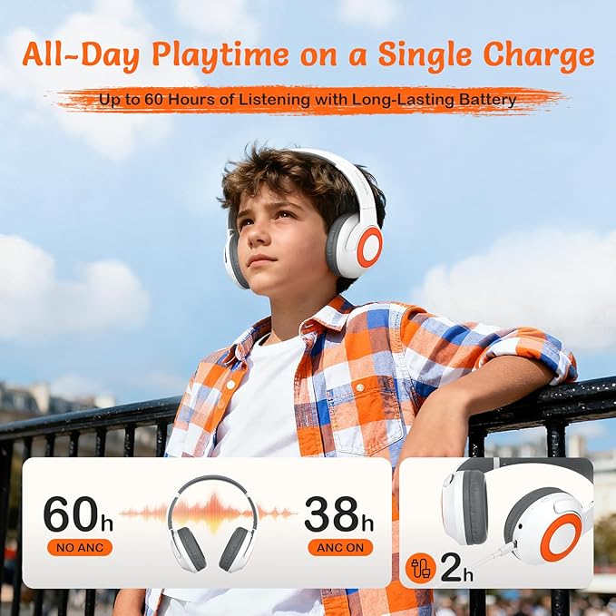 Kids Bluetooth Headphones with ANC, Wireless Over-Ear Headset for Boys and Girls, Foldable & Adjustable, Ideal for School, Travel and Online Learning (White)