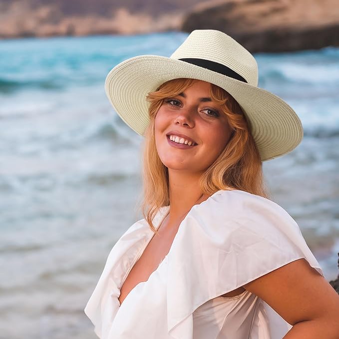 DRESHOW Women Straw Panama Hat Travel Fedora Beach Sun Hat Summer Wide Brim Straw Roll up Hat UPF 50+