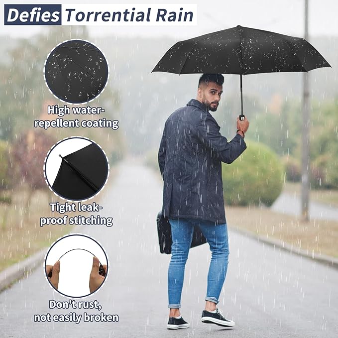 Satol Compact Umbrellas Automatic Open/Close, 46 Inch Windproof Travel Umbrellas, 10-Rib Umbrella for Rain, UPF 50+ UV Protection Sturdy Folding Umbrella