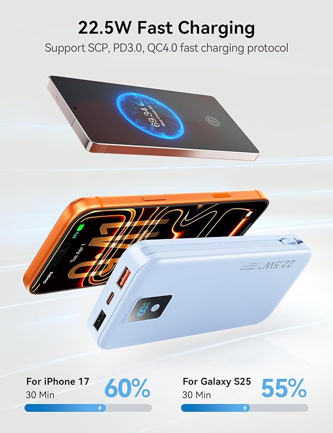 Portable Charger, 12000mAh 22.5W Fast Charging Power Bank with Built-in Cables & Wall Plug, Travel Essential Battery Pack with LED Display, USB C Battery Phone Charger for iPhone, iPad, Samsung Blue