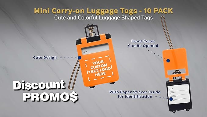 10 Mini Carry-on Luggage Tags Pack - Customizable Text, Logo - Flip Open Cover, ID Sticker - Orange