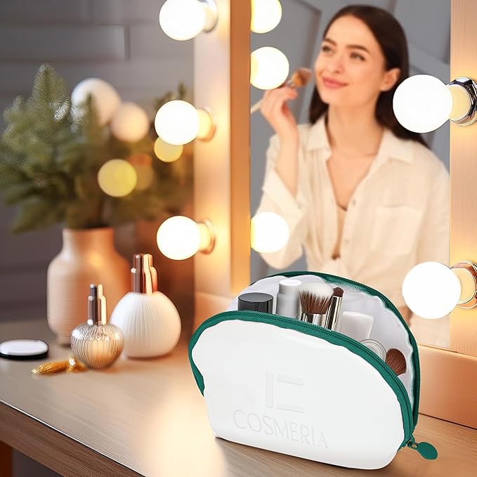 Makeup Bag Organizer & Travel Cosmetic Bag - Toiletry Bag for Women Fits Carry-On and Suitcase - Make Up Faux Patent Leather Pouch with Durable Green Zipper, Medium