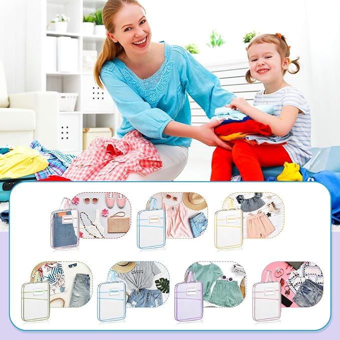 7 Pack Packing Cubes,Suitable for travel on different days of the week, storage bags with sticker labels, suitable for children's travel summer camp essentials, books, small items storage