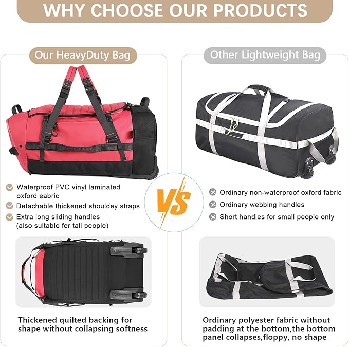 Rolling Duffle Bag with Wheels,86L 30”Folding Duffle Backpack with 2 Wheels,Travel Bag with Separate Shoe Compartment,Red