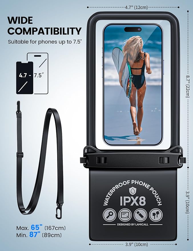Lamicall Waterproof Phone Pouch Case - [Double Space] IPX8 Water Proof Cell Phone Dry Bag with Lanyard, Beach Cruise Ship Essentials for iPhone 17 16 15 14 13 Pro Max Air Plus, Galaxy S25 S24, 4-7.5"