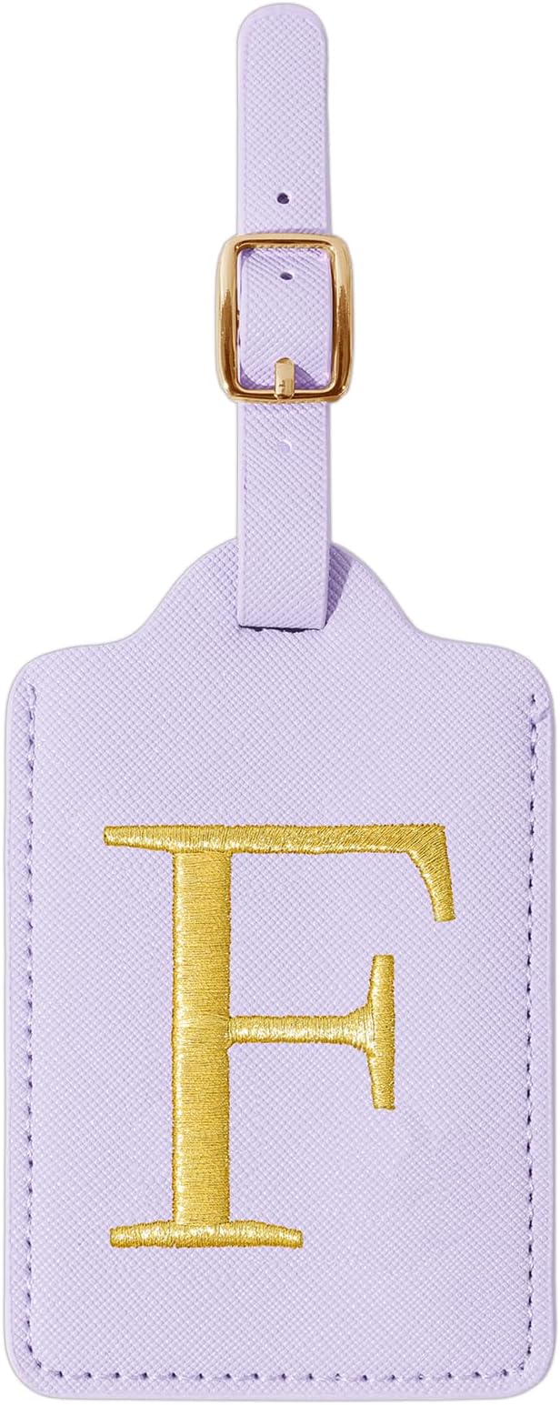 Personalized Initial Luggage Tags for Suitcase, Purple Leather Cute Luggage Tags with Privacy Cover Name Card, Embroidered Custom Monogrammed Luggage Tag Travel Backpack Tags Gifts for Women Kids(F)
