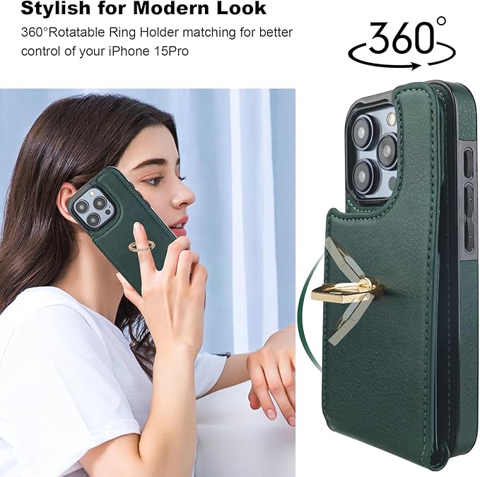 Folosu Compatible with iPhone 15 Pro Case Wallet with Card Holder, 360°Rotation Finger Ring Holder Kickstand, RFID Blocking Leather Protective Double Buttons Shockproof Cover 6.1 Inch Dark Green