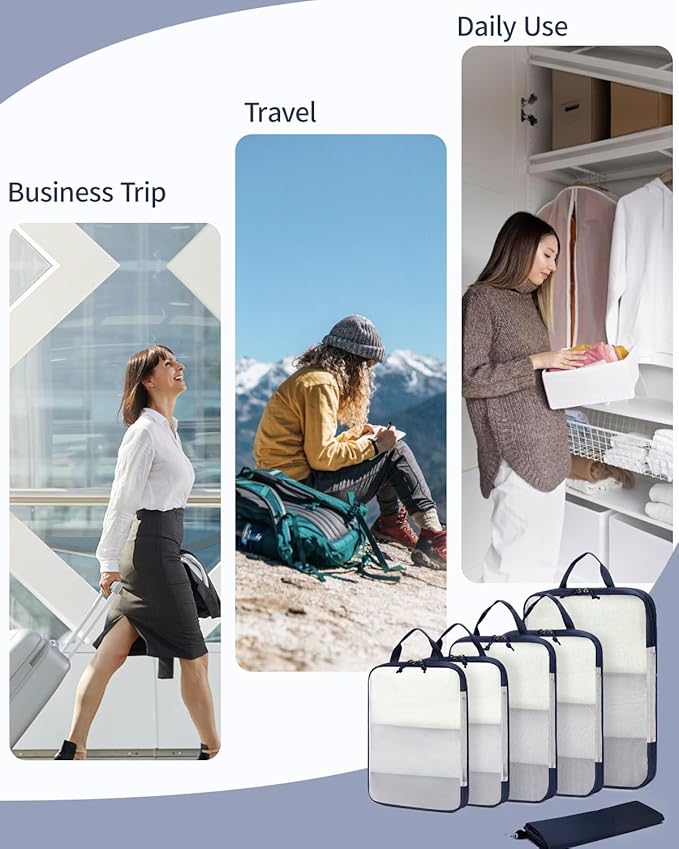 ECOHUB 6 Set Compression Packing Cubes, Lightweight Cruise Ship Vacation Travel Essentials, Durable Travel Accessories for Suitcase Luggage Organizer Bags Set with YKK Zippers Shoe Bag, Dark Blue