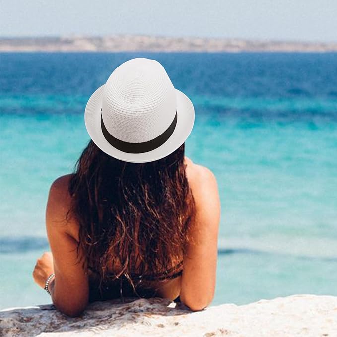 DRESHOW Women Straw Panama Hat Travel Fedora Beach Sun Hat Summer Wide Brim Straw Roll up Hat UPF 50+
