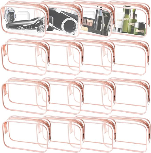 16 Pieces Clear Makeup Bags Bulk, TSA Approved Toiletry Bag for Travel, PVC Waterproof Travel Pouches Clear Pouch with Zipper for Men and Women Carry-on Travel Essentials Cosmetic Bags (Peach Pink-M)
