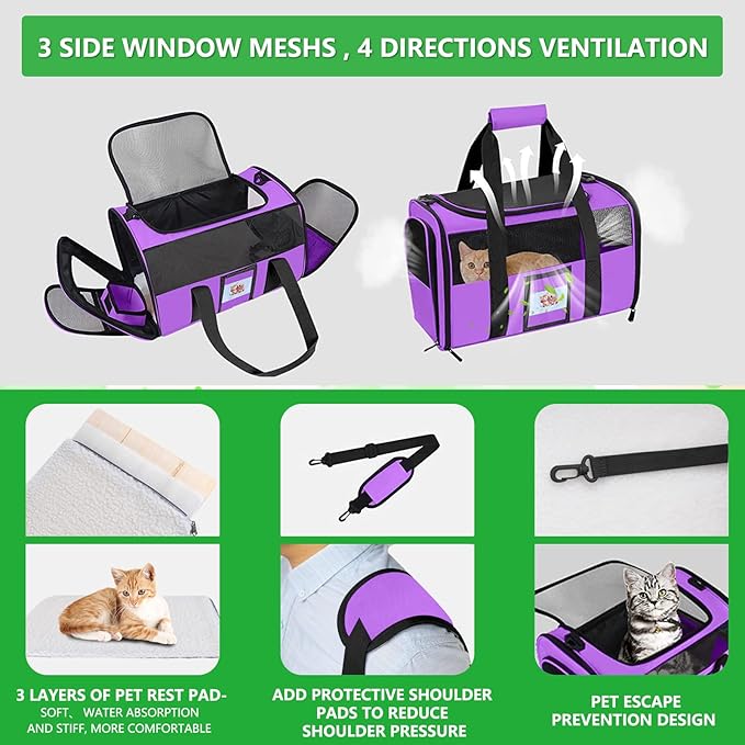 Large Cat Carrier Soft Sided Pet Carriers for Large Cats Under 25 lbs, 20" Dog Carrier Cat Carrier for 2 Cats Travel Carrier, Purple