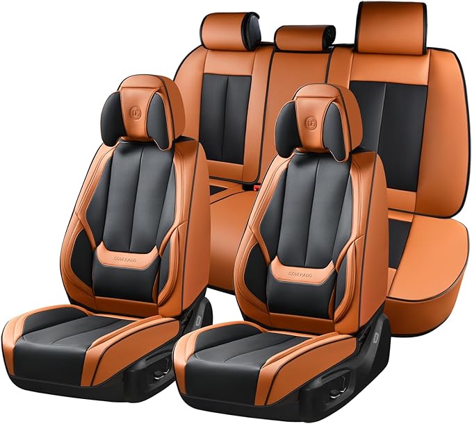 Coverado Universal Seat Covers Full Set, 5 Seats Universal Seat Covers for Cars, Waterproof Nappa Leather Car Seat Covers with Head Pillow, Auto Protectors Fit for Most SUV Pick-up Truck-Black&Brown