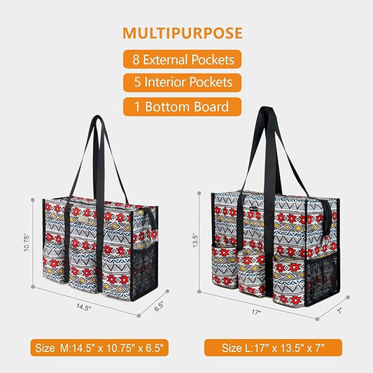 TOPDesign Utility Water Resistant Tote Bag with 13 Pockets, Top Zipper Closure & Thick Bottom Support, for Working Women