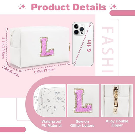Small Initial Patch Makeup Bag Personalized Gifts Make Up Bag,White Cute PU Leather Glitter Letter Cosmetic Bag with Zipper,Trendy Portable Travel Toiletry Pouch,Preppy Stuff for Teen Girls Women L