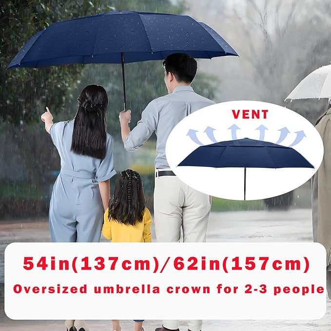 MRTLLOA 49/54/62 Inch Large Folding Golf Umbrella, Oversize Double Canopy Vented 10 Ribs Windproof Compact Travel Umbrellas for Rain