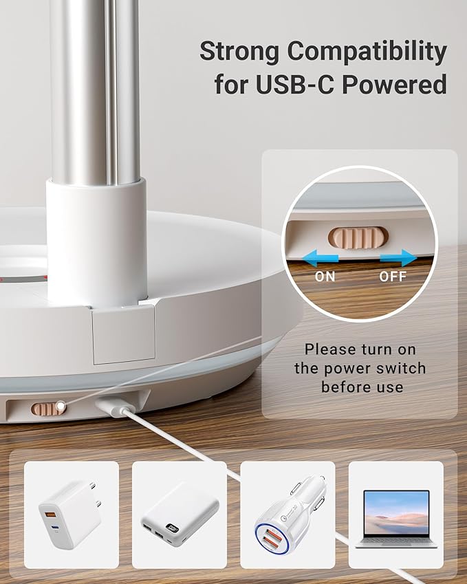 Primevolve Portable Rechargeable Oscillating Fan, Battery Operated Fan Adjustable Height, USB Home Office Outdoor Camping Travel, White 10"