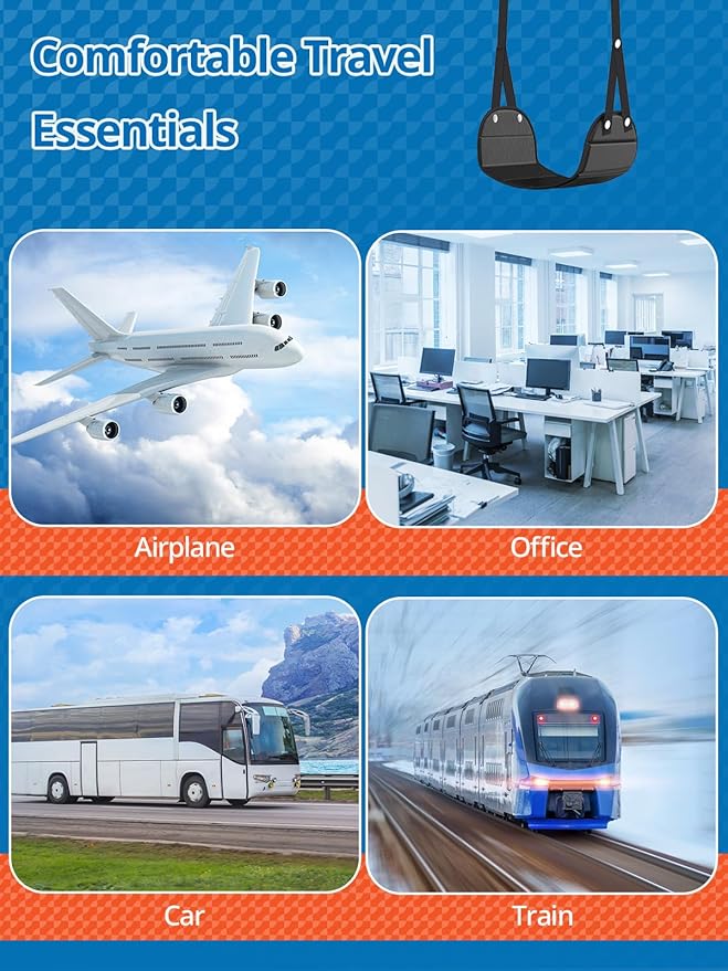 2 Pack Airplane Foot Hammock, Portable Travel Feet Rest Leg Relief, Ergonomic Hanging Sling for Long Flight,Car, Office Home, Comfort Support Travel Essentials, Black