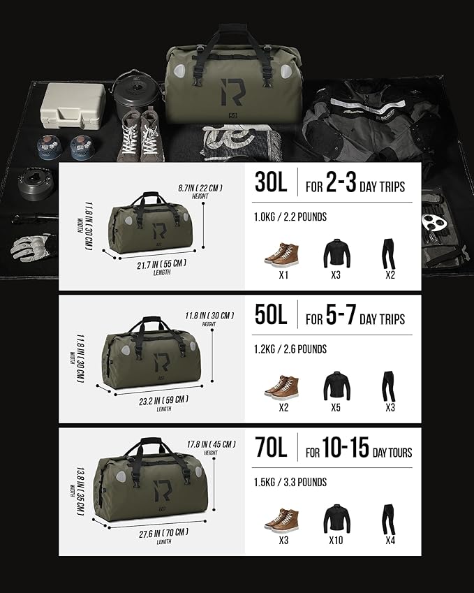 BORLENI Waterproof Motorcycle Dry Duffel Bag Luggage Tail Bag with Large Storage Space,Roll Top Closure, Shoulder Straps, Inner Pocket and Mesh Pocket for Motorcycling Travel Camping (Army Green,50L)