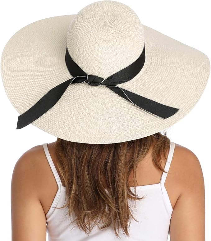 Lanzom Womens Wide Brim Straw Hat Big Floppy Foldable Roll up Cap Beach Sun Hat UPF 50+