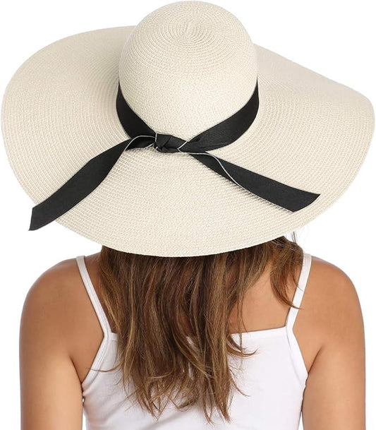 Lanzom Womens Wide Brim Straw Hat Big Floppy Foldable Roll up Cap Beach Sun Hat UPF 50+