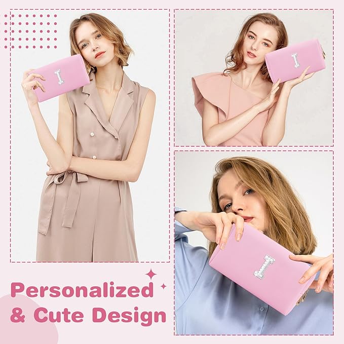 ChaoGreat Bride Gifts – Personalized Initial Makeup Bag with Pearl Rhinestone Patch, Preppy Pink Monogram Cosmetic/Toiletry Pouch, bridesmaid Gifts, Bridal Shower Gifts, Wedding Gifts, Bridal Gifts,I