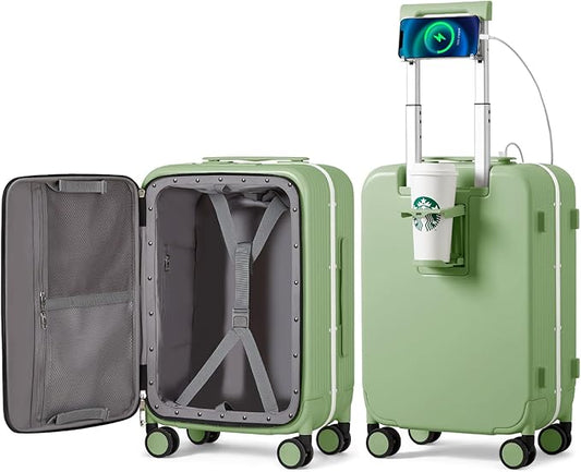 mixi Carry On Luggage with Cup Phone Holder and Charger Hard Shell Suitcases with Spinner Wheels, 20 Inch Avocado Green