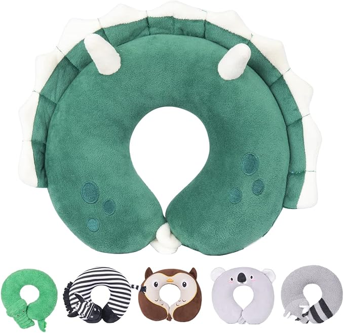 H HOMEWINS Travel Pillow for Kids,Toddler Neck Pillow Cute Animal Neck Head Chin Support Travel Accessories for Airplane, Car, Train,Recline (Triceratops)