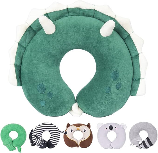 H HOMEWINS Travel Pillow for Kids,Toddler Neck Pillow Cute Animal Neck Head Chin Support Travel Accessories for Airplane, Car, Train,Recline (Triceratops)