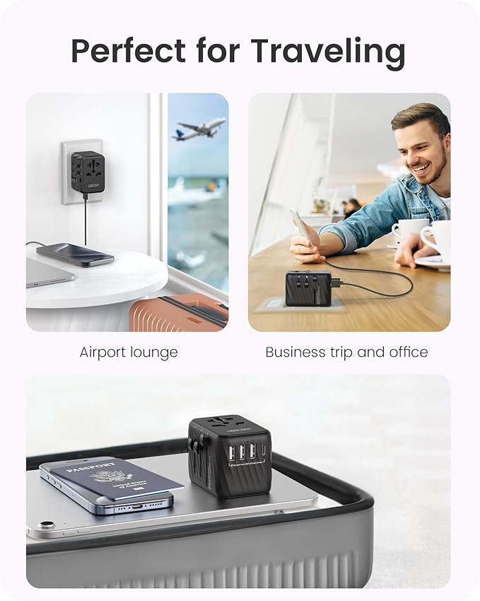 LENCENT Universal Travel Power Adapter, International AC Plug Adaptor with 3 USB A Ports 1 Type C PD Wall Charger Worldwide Travel Essentials for US to EU UK Ireland Australia (Type C/G/A/I) Black