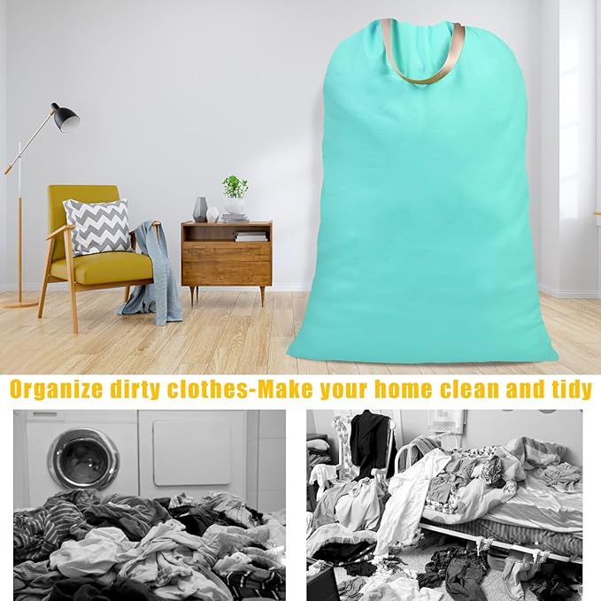 Cotton Canvas Laundry Bag with Handles & Drawstring Straps, Heavy Duty Extra Large Laundry Bags for Laundromat and Household, 25.5x34 Inch, Lake Blue